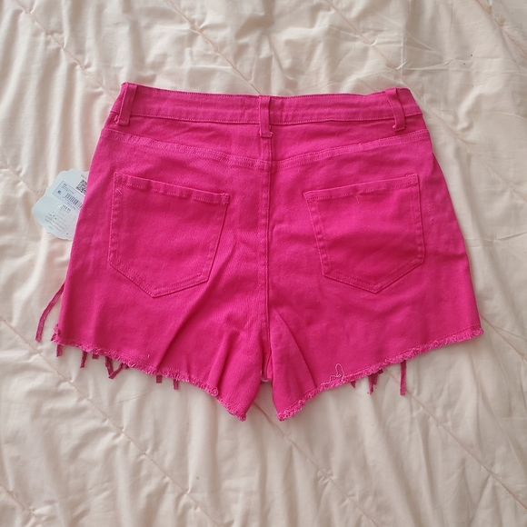 NWT Altar'd State Hot Pink Fringe Denim High Waisted Shorts Barbie Movie - Picture 3 of 10